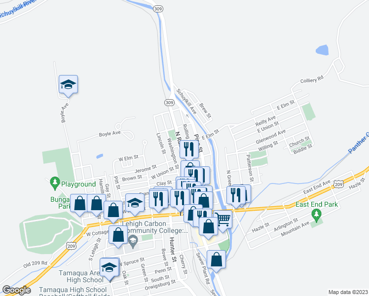 map of restaurants, bars, coffee shops, grocery stores, and more near 331 North Railroad Street in Tamaqua