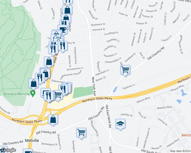 map of restaurants, bars, coffee shops, grocery stores, and more near 2 Alderfield Lane in Melville