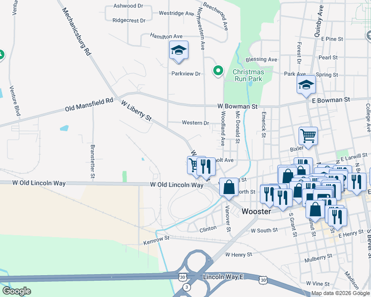 map of restaurants, bars, coffee shops, grocery stores, and more near 876 West Liberty Street in Wooster