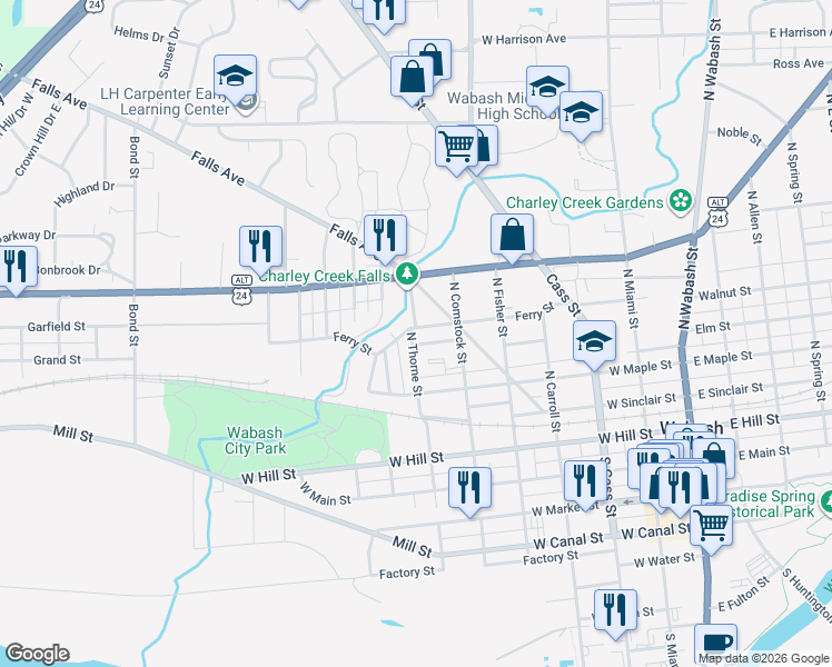 map of restaurants, bars, coffee shops, grocery stores, and more near 583 Ferry Street in Wabash