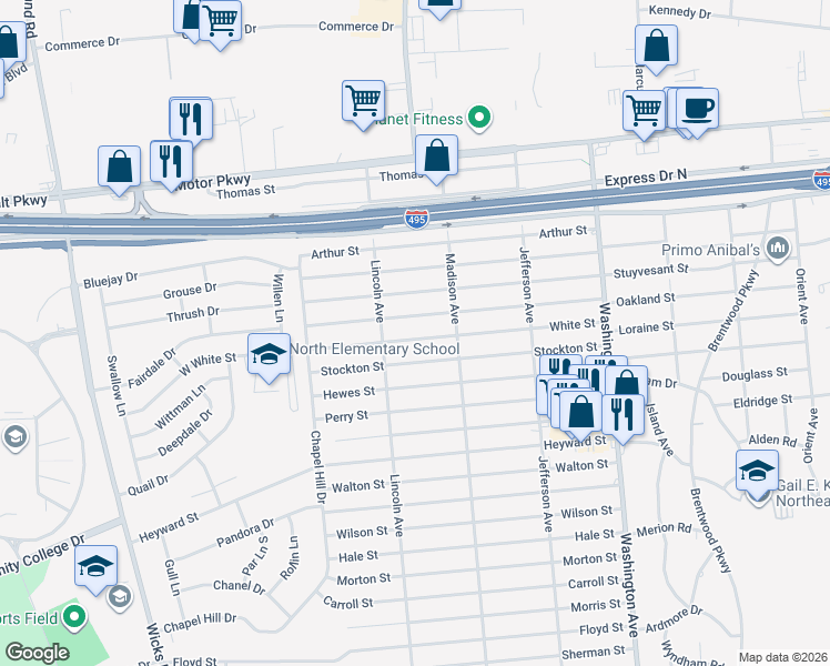 map of restaurants, bars, coffee shops, grocery stores, and more near 21 White Street in Brentwood