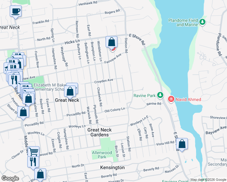 map of restaurants, bars, coffee shops, grocery stores, and more near 125 Baker Hill Road in Great Neck