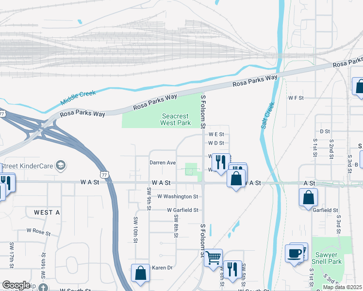 map of restaurants, bars, coffee shops, grocery stores, and more near 747 West E Street in Lincoln