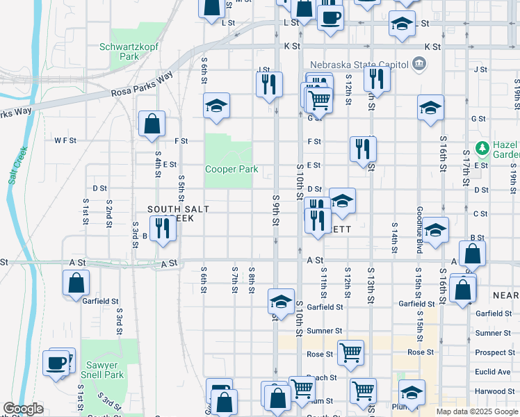 map of restaurants, bars, coffee shops, grocery stores, and more near 816 C Street in Lincoln