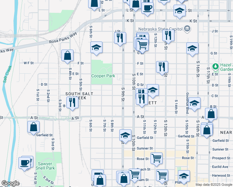 map of restaurants, bars, coffee shops, grocery stores, and more near 820 C Street in Lincoln