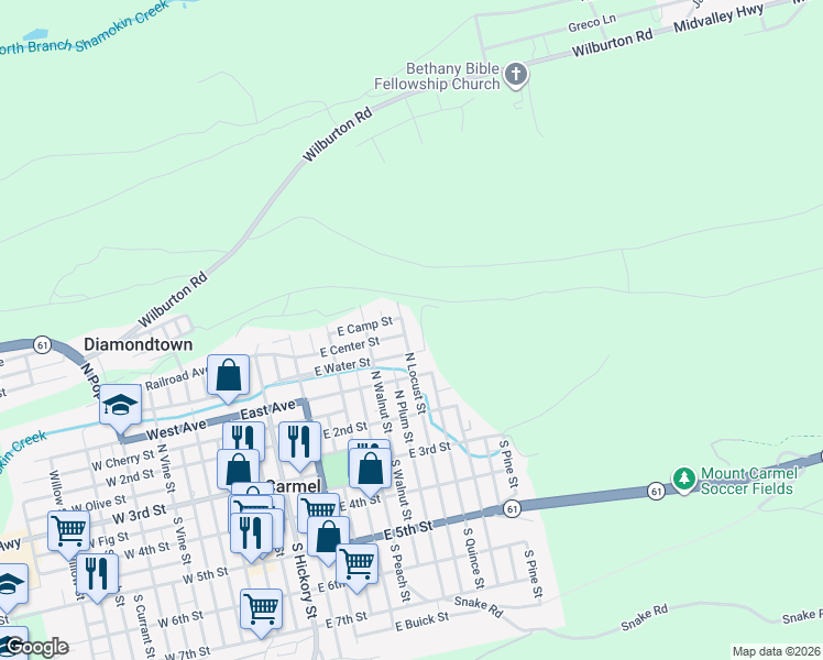 map of restaurants, bars, coffee shops, grocery stores, and more near 385 North Locust Street in Mount Carmel