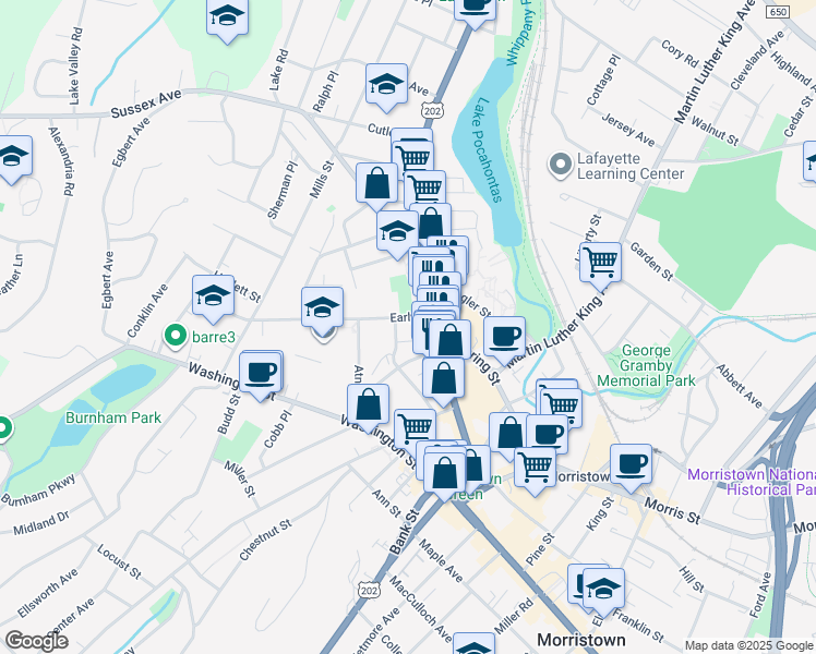 map of restaurants, bars, coffee shops, grocery stores, and more near 55 Prospect Street in Morristown