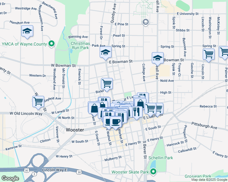 map of restaurants, bars, coffee shops, grocery stores, and more near 345 North Market Street in Wooster