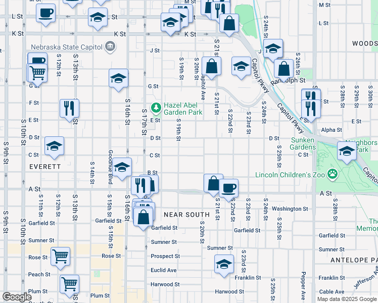 map of restaurants, bars, coffee shops, grocery stores, and more near 1930 C Street in Lincoln