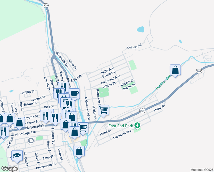 map of restaurants, bars, coffee shops, grocery stores, and more near 308 North Elizabeth Street in Tamaqua