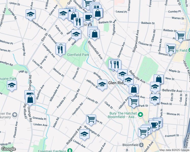 map of restaurants, bars, coffee shops, grocery stores, and more near 42 Woodland Avenue in Glen Ridge