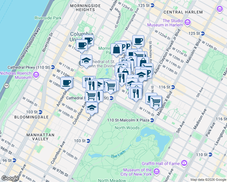 map of restaurants, bars, coffee shops, grocery stores, and more near in New York