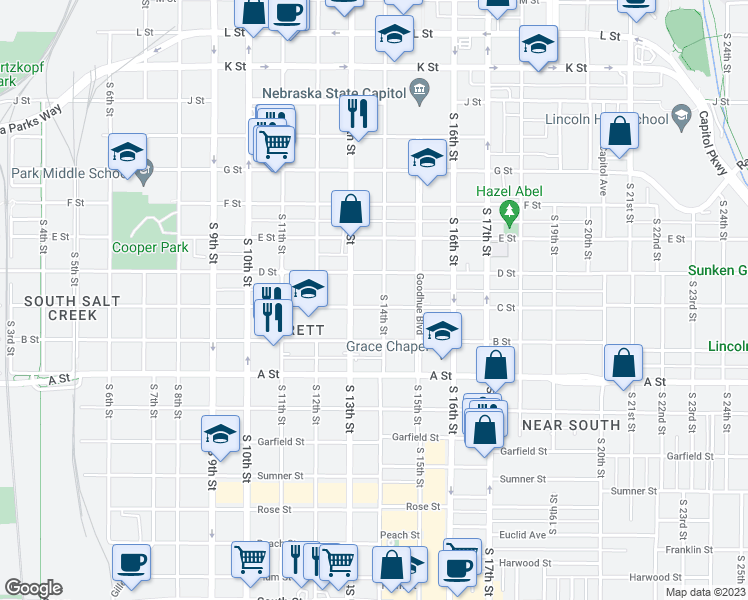 map of restaurants, bars, coffee shops, grocery stores, and more near 1334 C Street in Lincoln