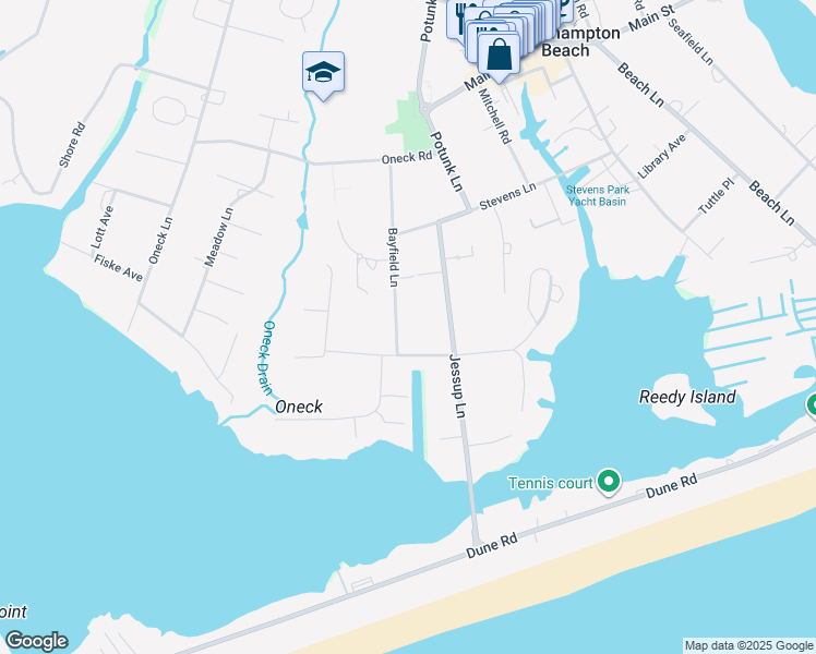 map of restaurants, bars, coffee shops, grocery stores, and more near 64 Bayfield Lane in Westhampton Beach