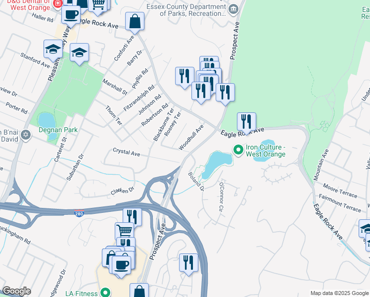 map of restaurants, bars, coffee shops, grocery stores, and more near 291 Prospect Avenue in West Orange