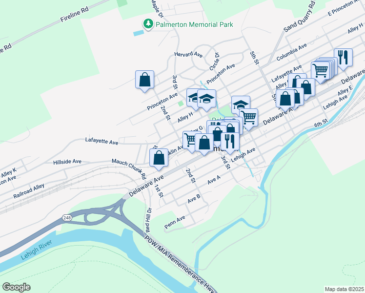 map of restaurants, bars, coffee shops, grocery stores, and more near 199 Franklin St in Palmerton