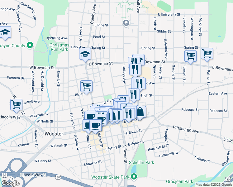 map of restaurants, bars, coffee shops, grocery stores, and more near 327 North Bever Street in Wooster
