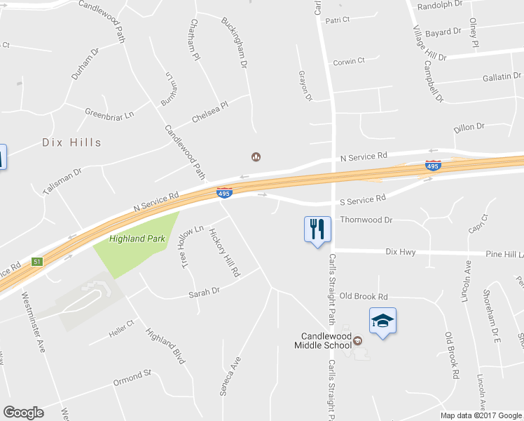 map of restaurants, bars, coffee shops, grocery stores, and more near 3 Whispering Court in Dix Hills
