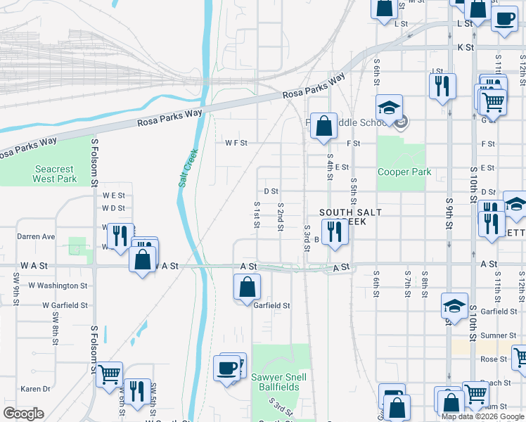 map of restaurants, bars, coffee shops, grocery stores, and more near 112 C Street in Lincoln