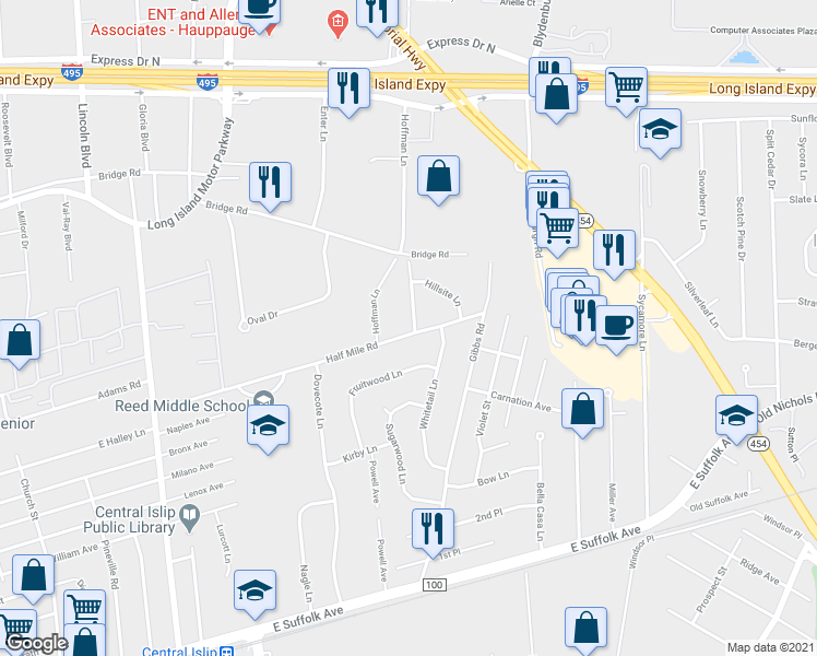 map of restaurants, bars, coffee shops, grocery stores, and more near 3 Cloverlook Lane in Central Islip