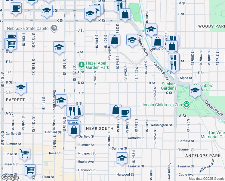 map of restaurants, bars, coffee shops, grocery stores, and more near 1140 South 20th Street in Lincoln