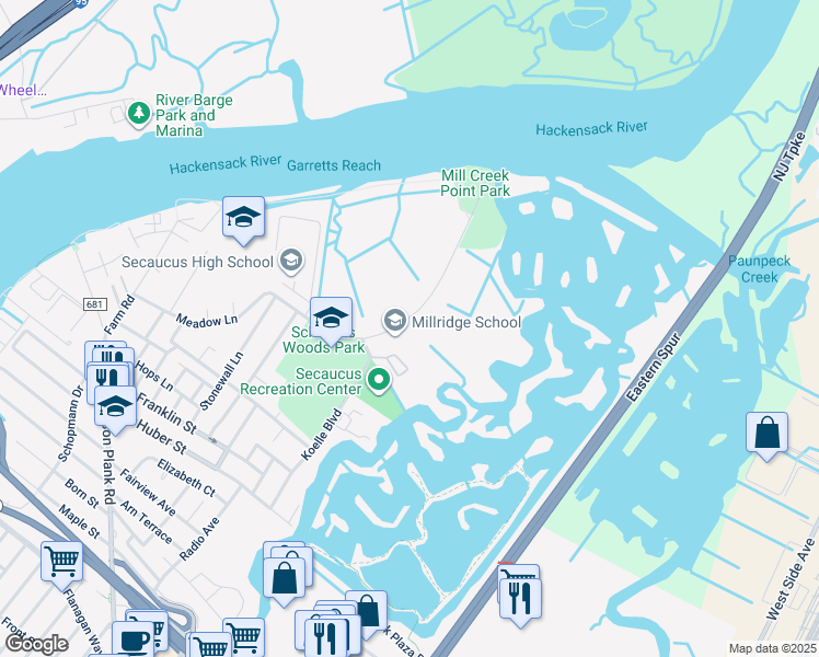 map of restaurants, bars, coffee shops, grocery stores, and more near 50 Millridge Road in Secaucus