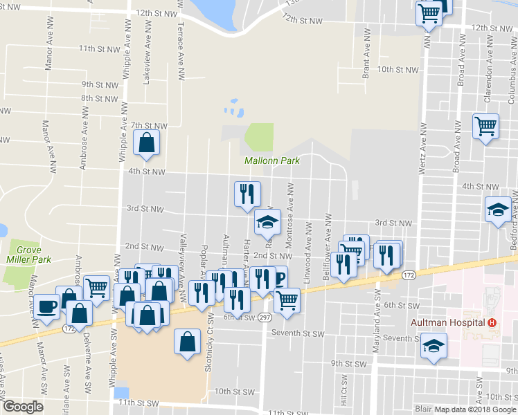 map of restaurants, bars, coffee shops, grocery stores, and more near 317 Raff Road Northwest in Canton