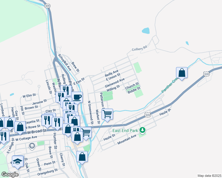 map of restaurants, bars, coffee shops, grocery stores, and more near 316 North Elizabeth Street in Tamaqua