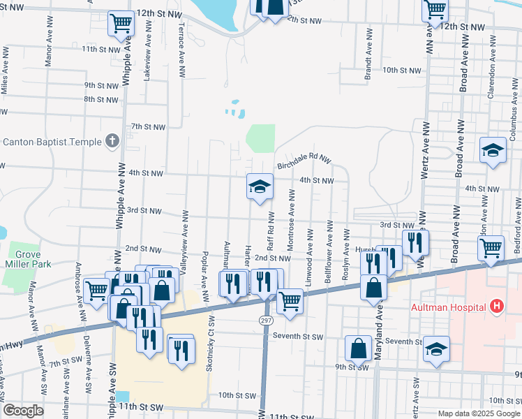 map of restaurants, bars, coffee shops, grocery stores, and more near 317 Raff Road Northwest in Canton