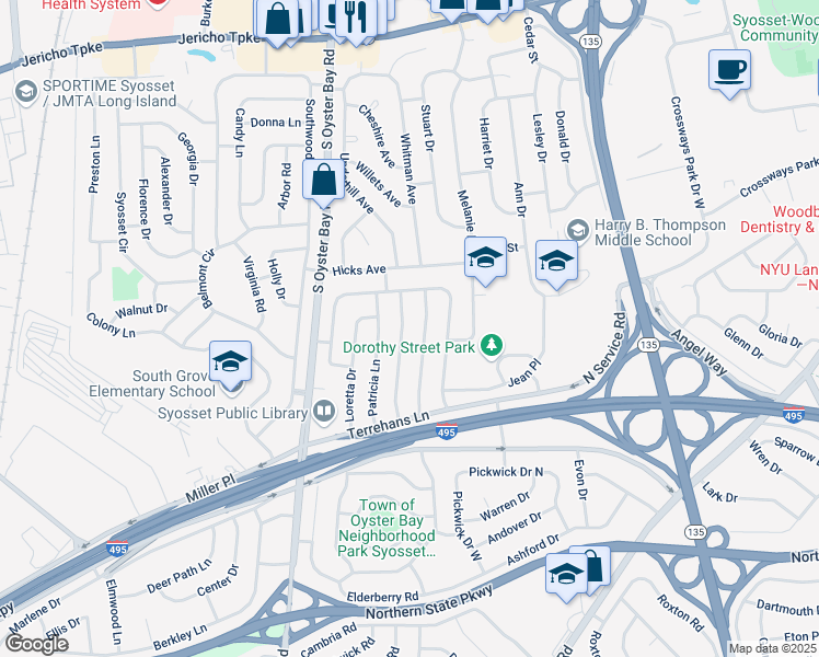map of restaurants, bars, coffee shops, grocery stores, and more near 31 Evelyn Lane in Syosset