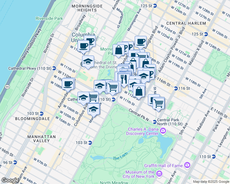 map of restaurants, bars, coffee shops, grocery stores, and more near 2076 Frederick Douglass Boulevard in New York