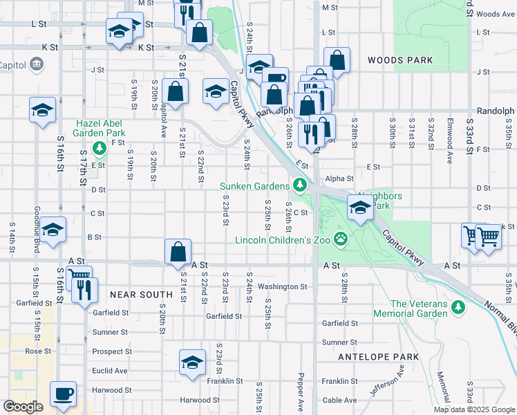 map of restaurants, bars, coffee shops, grocery stores, and more near 2426 C Street in Lincoln