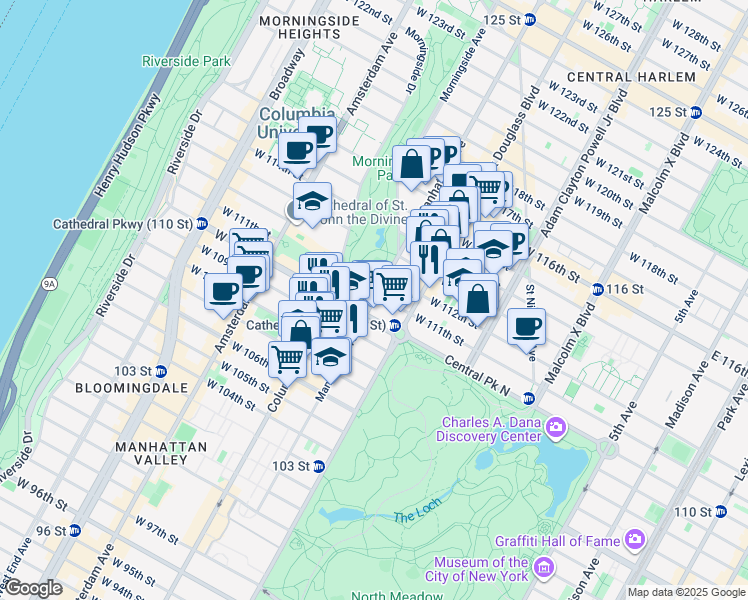 map of restaurants, bars, coffee shops, grocery stores, and more near 305 Manhattan Avenue in New York