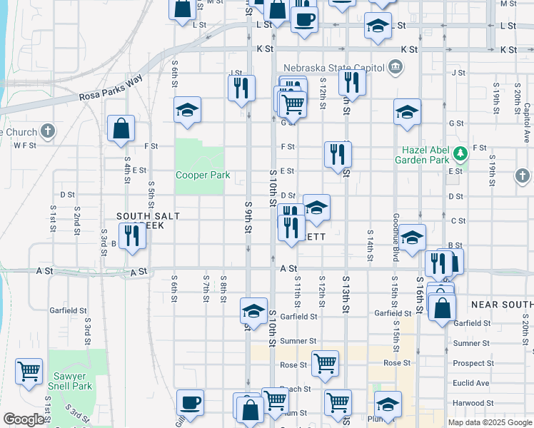 map of restaurants, bars, coffee shops, grocery stores, and more near 912 C Street in Lincoln