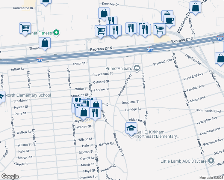map of restaurants, bars, coffee shops, grocery stores, and more near 20 Loraine Street in Brentwood