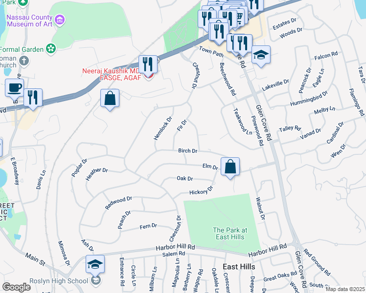 map of restaurants, bars, coffee shops, grocery stores, and more near 120 Birch Drive in Roslyn