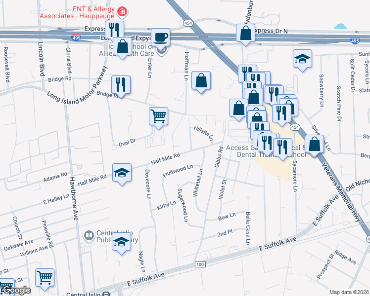 map of restaurants, bars, coffee shops, grocery stores, and more near 3 Cloverlook Lane in Central Islip