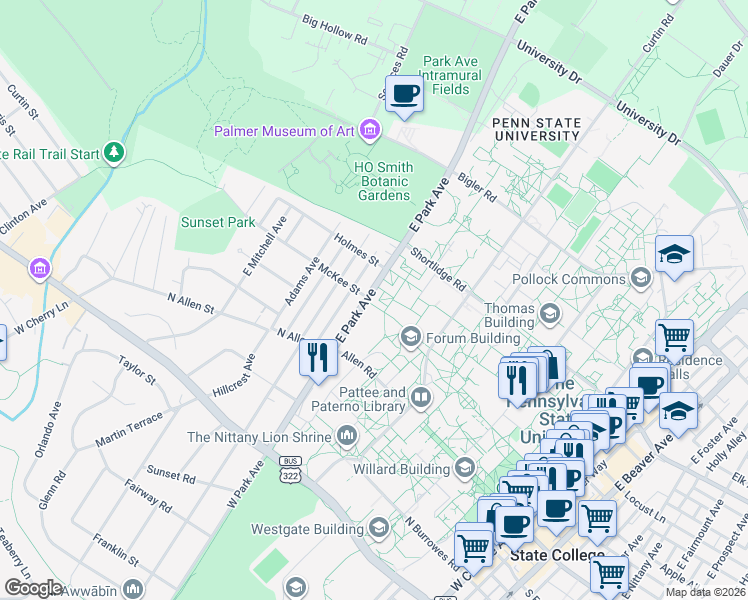 map of restaurants, bars, coffee shops, grocery stores, and more near 228 East Park Avenue in State College