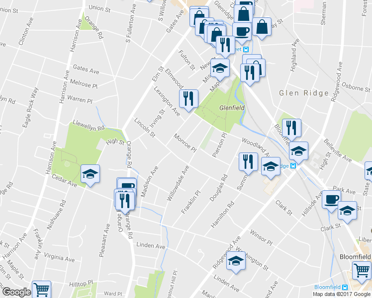 map of restaurants, bars, coffee shops, grocery stores, and more near 27 Monroe Place in Montclair