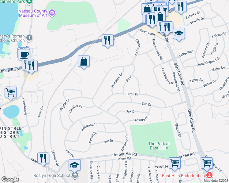 map of restaurants, bars, coffee shops, grocery stores, and more near 153 Birch Drive in Roslyn