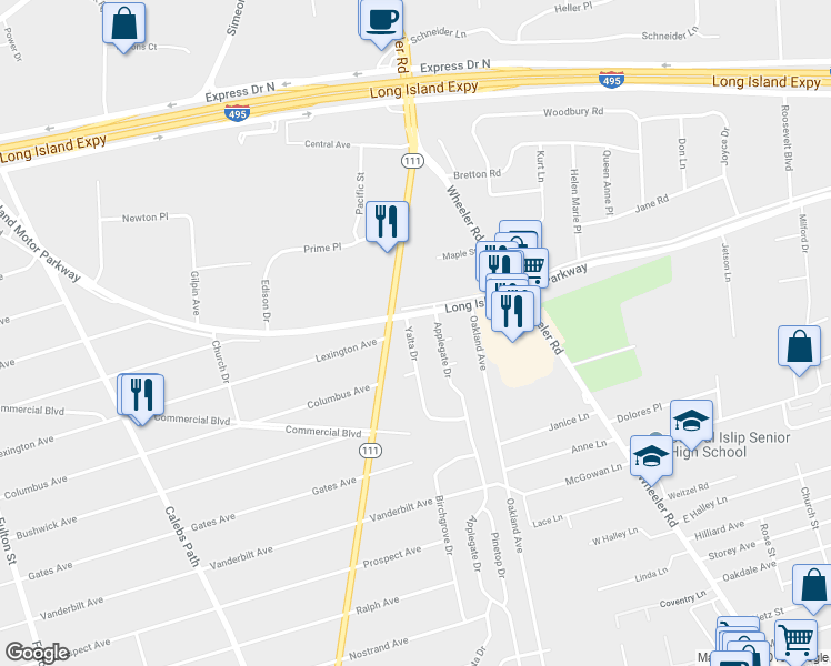 map of restaurants, bars, coffee shops, grocery stores, and more near 29 Yalta Drive in Central Islip