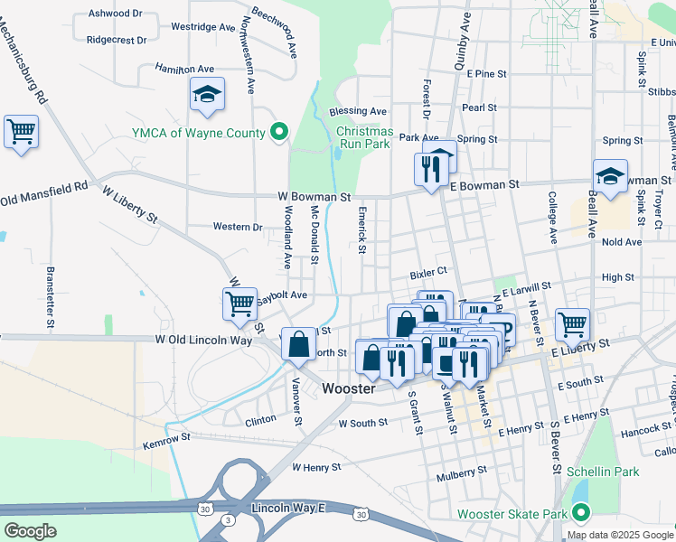 map of restaurants, bars, coffee shops, grocery stores, and more near 438 Park Drive in Wooster