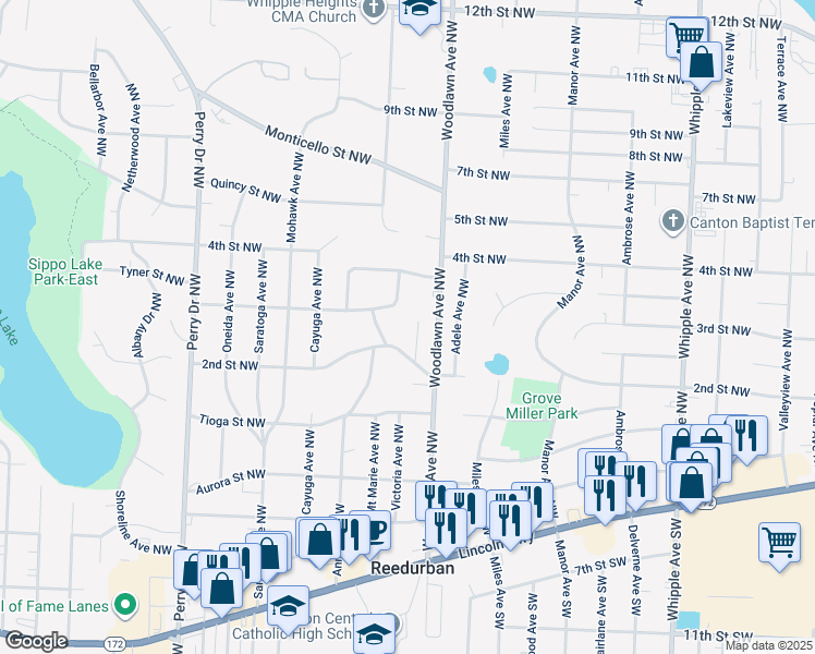 map of restaurants, bars, coffee shops, grocery stores, and more near 245 Woodlawn Avenue Northwest in Canton