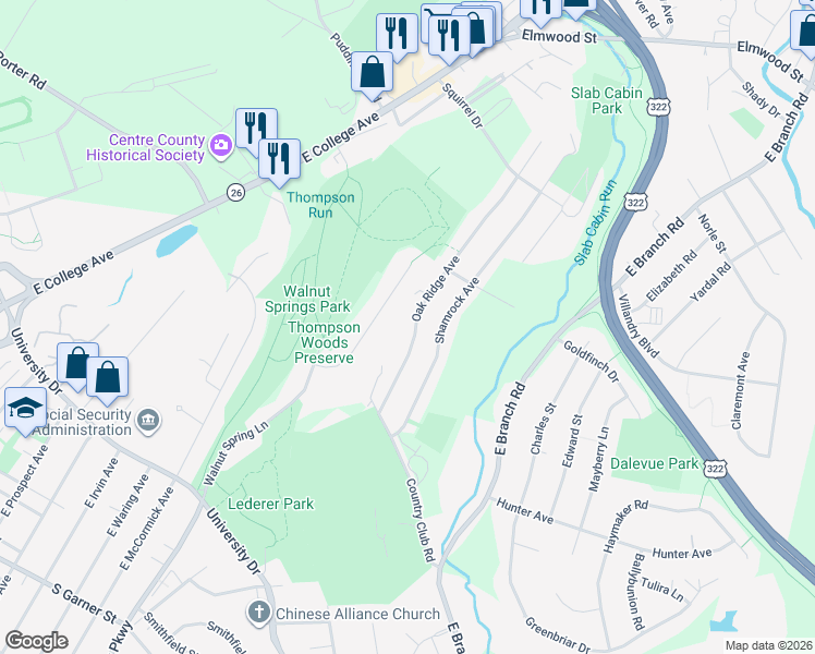 map of restaurants, bars, coffee shops, grocery stores, and more near 935 Oak Ridge Avenue in State College