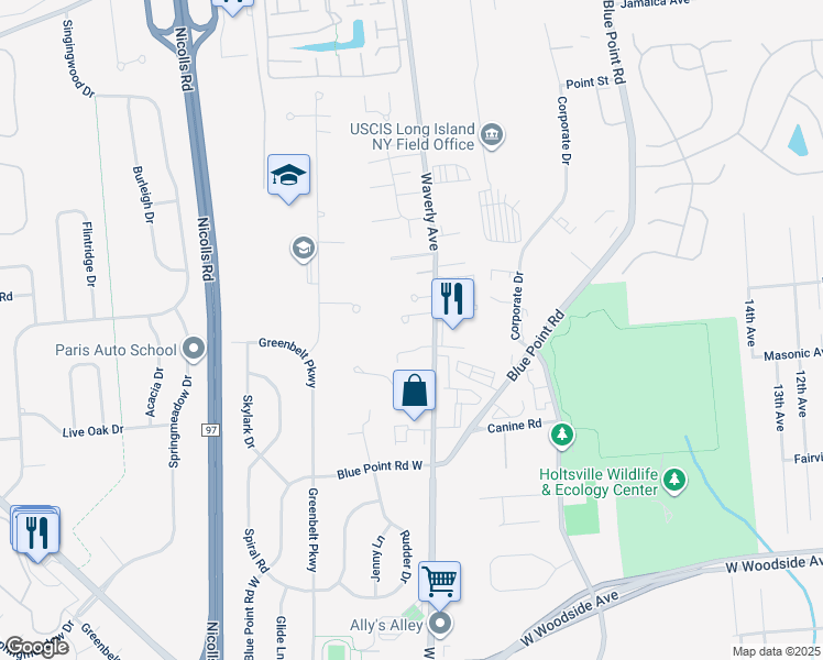 map of restaurants, bars, coffee shops, grocery stores, and more near 2 Blackpine Court in Holtsville