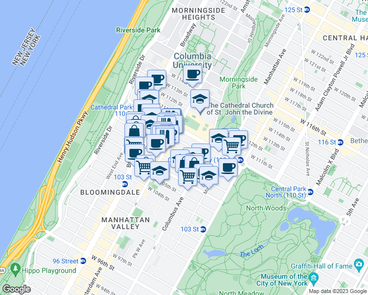 map of restaurants, bars, coffee shops, grocery stores, and more near 149 West 108th Street in New York