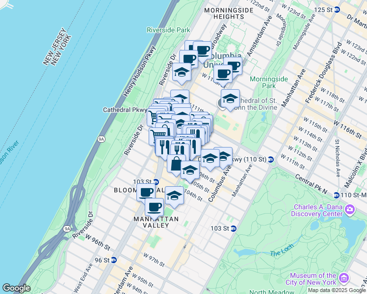 map of restaurants, bars, coffee shops, grocery stores, and more near 220 West 107th Street in New York
