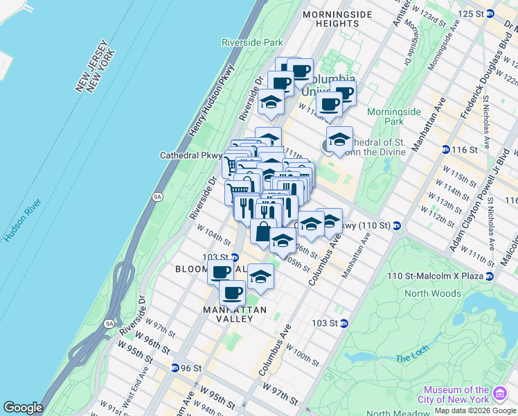 map of restaurants, bars, coffee shops, grocery stores, and more near 220 West 107th Street in New York