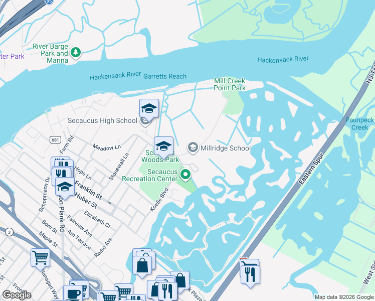 map of restaurants, bars, coffee shops, grocery stores, and more near 30 Millridge Road in Secaucus