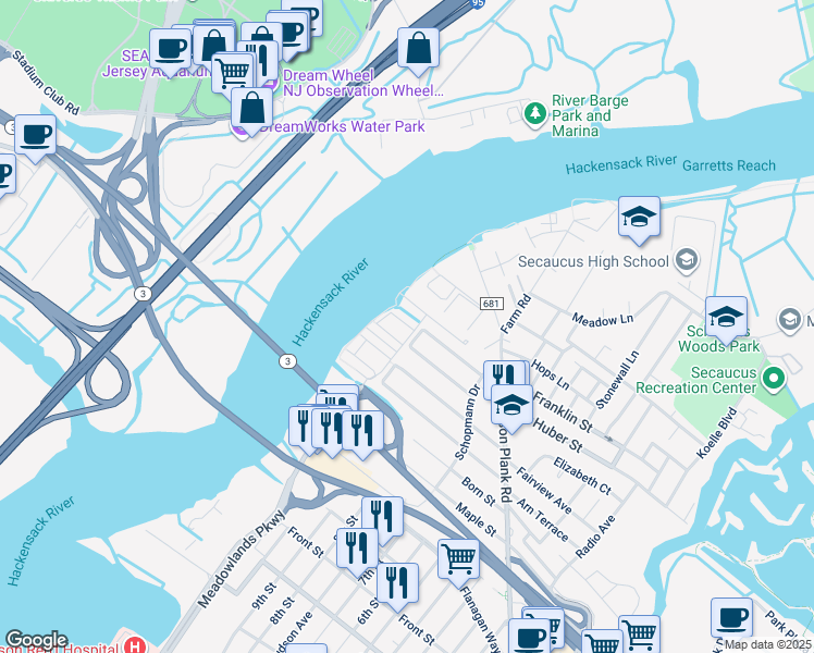 map of restaurants, bars, coffee shops, grocery stores, and more near 85 Osprey Court in Secaucus